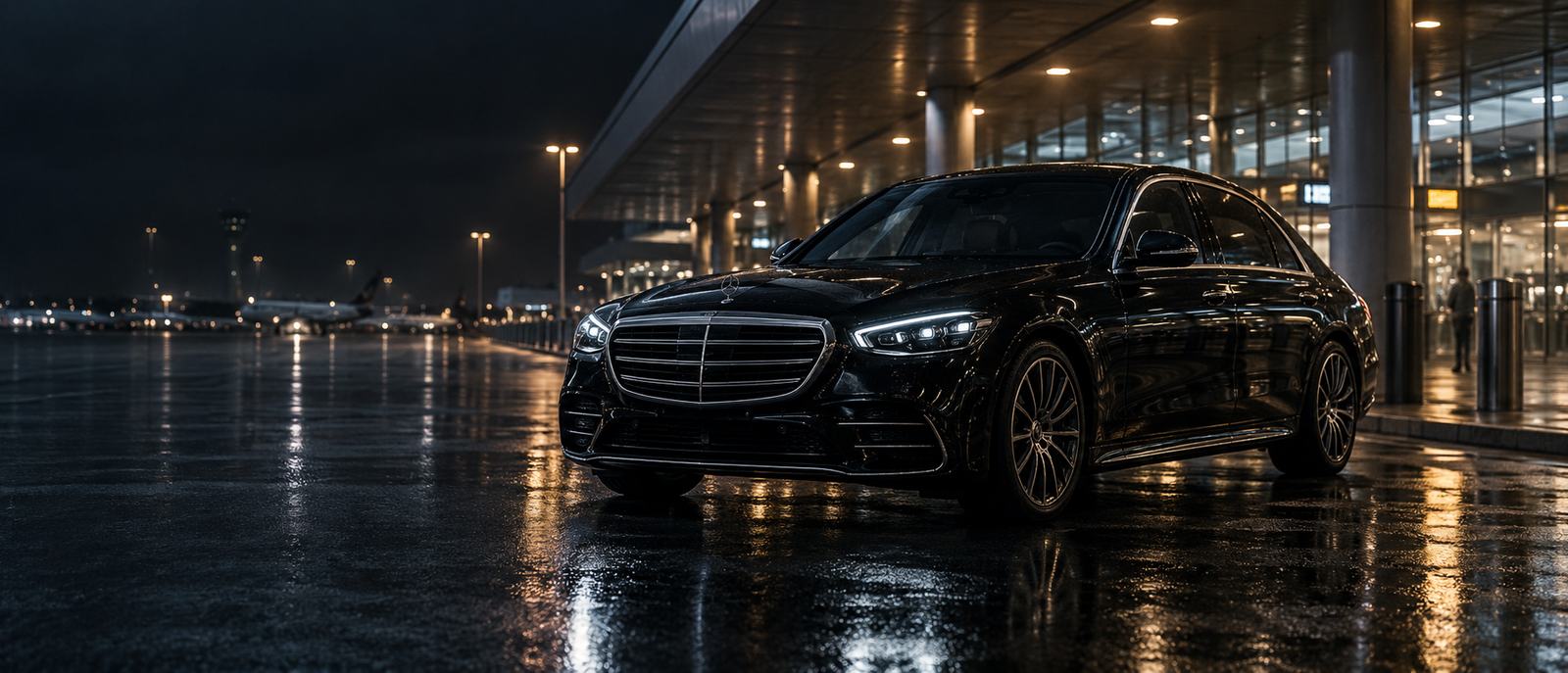 Black chauffeur sedan pulling up under an airport terminal canopy at night