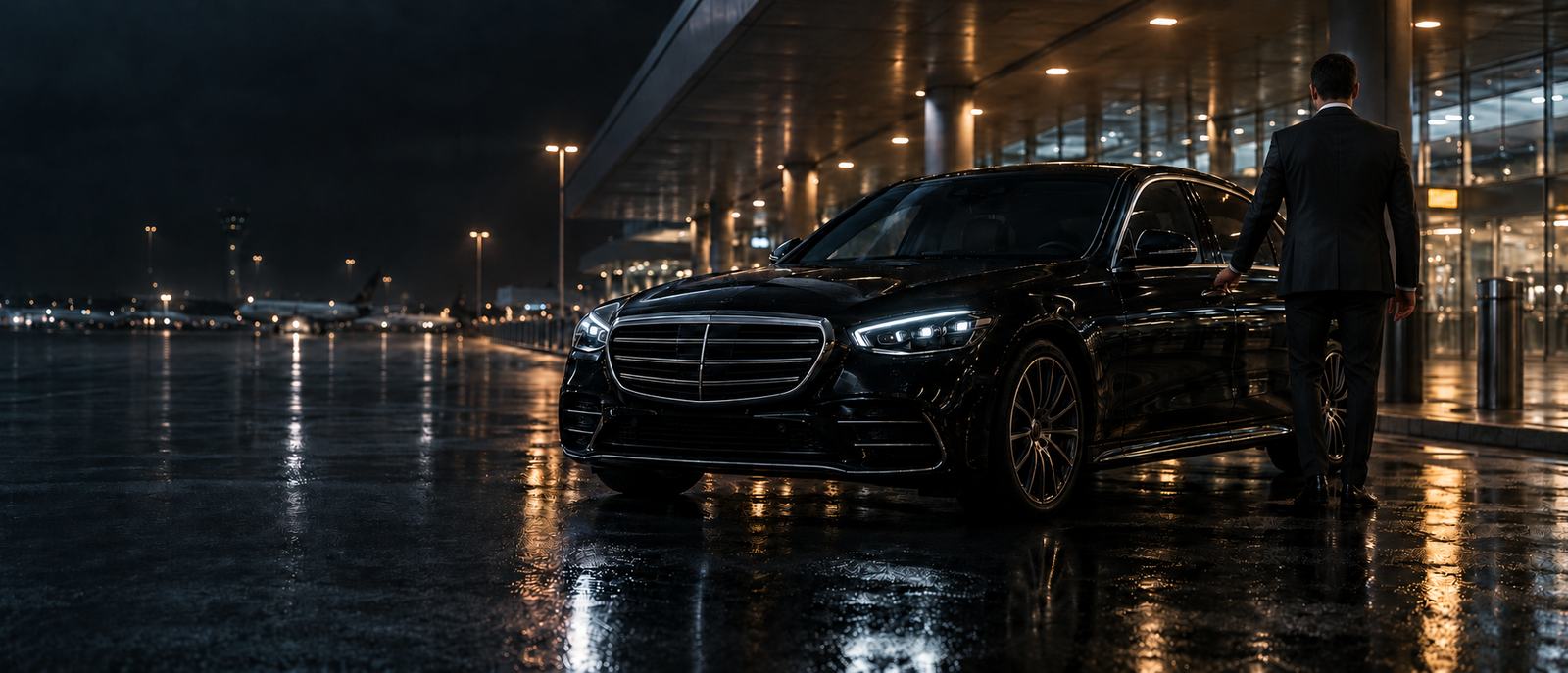 Chauffeur in a dark suit reaching for the rear door of the sedan