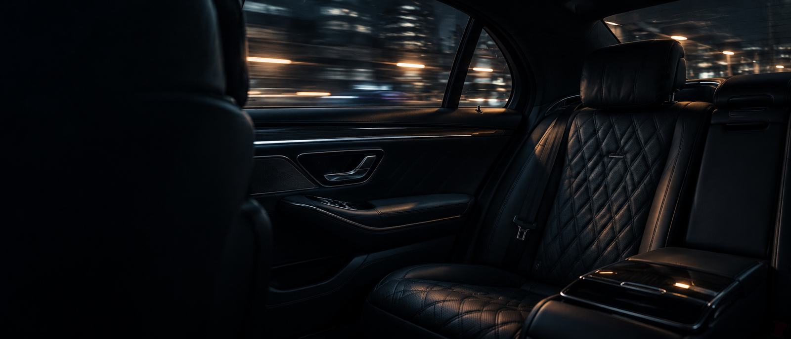 Rear cabin interior with city lights passing the window