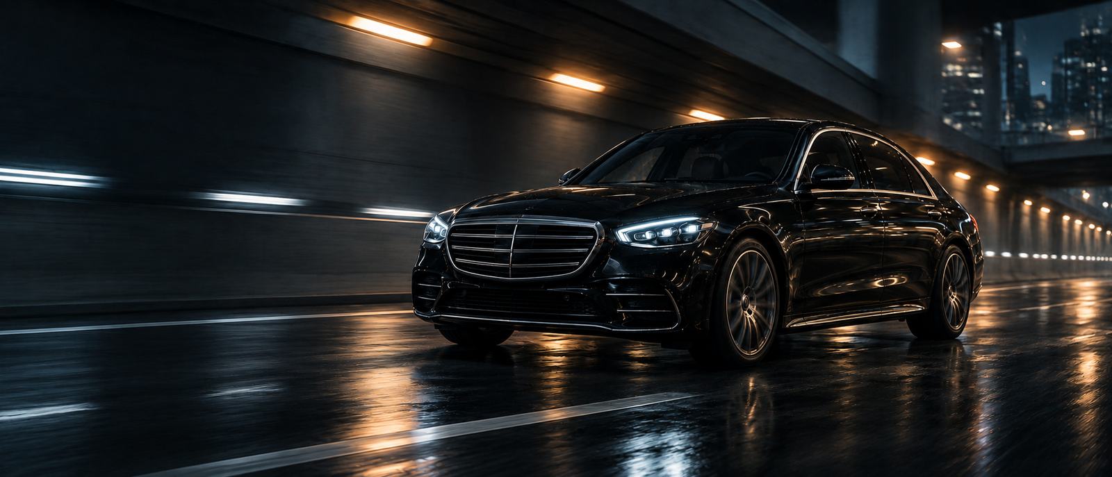 The sedan in motion through a city underpass