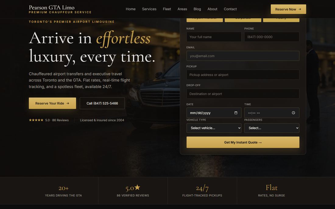 Pearson GTA Limo website, home page