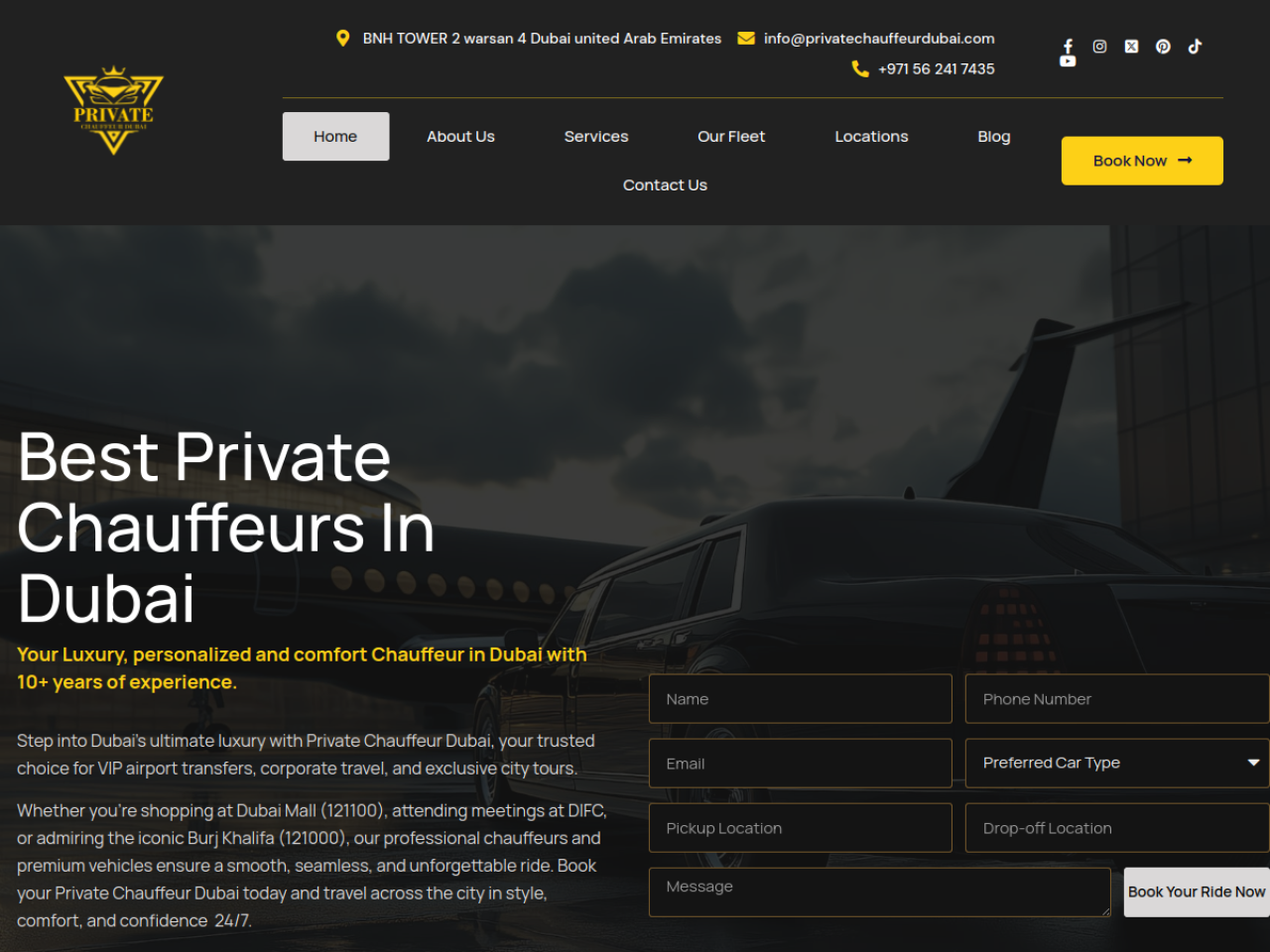 Private Chauffeur Dubai homepage — black-and-gold luxury hero with inline lead capture form