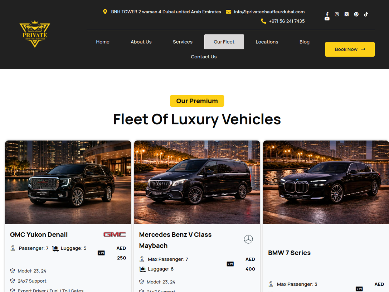 Fleet page — 9 luxury vehicles each with AED pricing and WhatsApp/Call/Quote CTAs