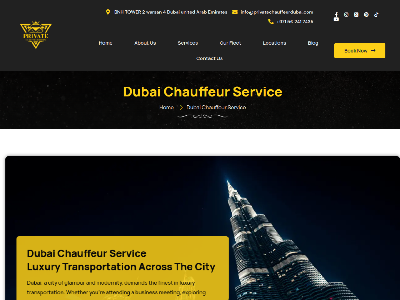 Dubai Chauffeur service page — dark luxury hero with breadcrumb under H1